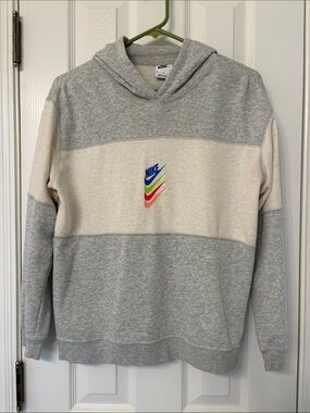 Nike Colorblock Grey and Cream Hoodie with Multicolor Swoosh